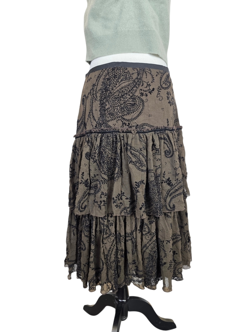 MARELLA Paisley Tiered Whimsical Dark romance Brown and Black Lace Midi Skirt